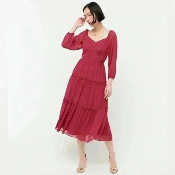J.CREW Women's 12 Tiered Long-Sleeve Midi Dress Swiss Dot Berry Pink - Picture 1 of 12